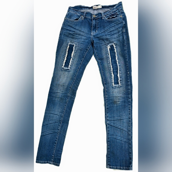 🟨⚫️ Solo Jeans Y2K Lowrise Dark Wash Patched Slim Fit Straight Leg Jeans 5 - Picture 2 of 10